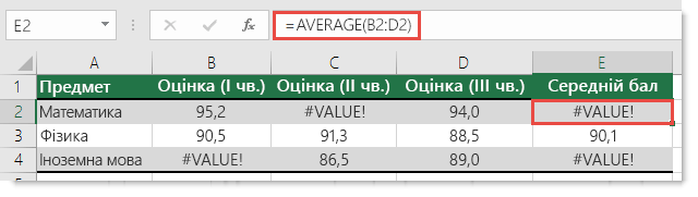 Помилка #VALUE! у формулі з функцією AVERAGE