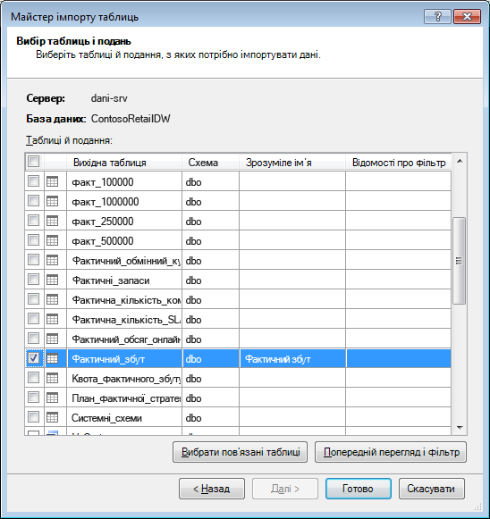 Майстер імпорту таблиць надбудови PowerPivot