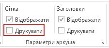 Група ''Параметри аркуша'' на вкладці ''Розмітка сторінки''.