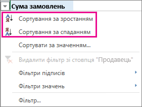 Параметри сортування за зростанням і за спаданням