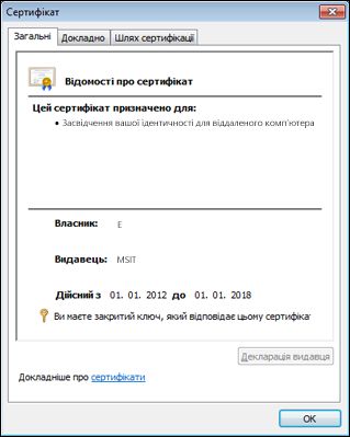 Діалогове вікно ''Сертифікат''