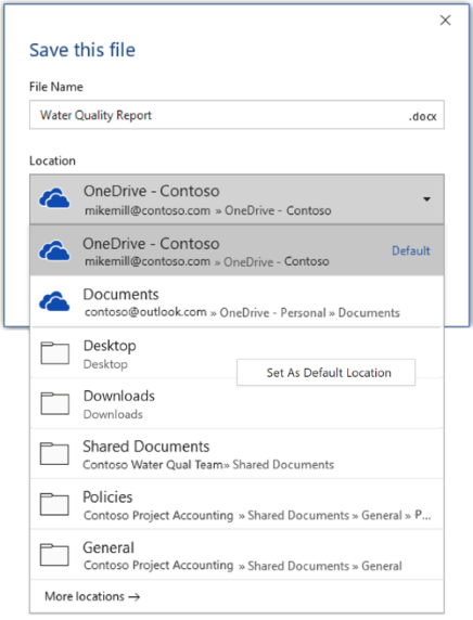 Знімок екрана: установлення розташування за замовчуванням в Word під час збереження нового файлу