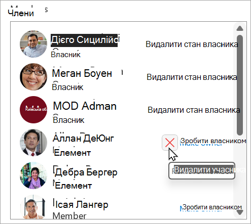 У полі Учасники можна видалити стан власника, зробити учасника власником або видалити учасника.
