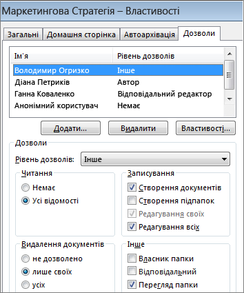 Установлення дозволів для спільної папки