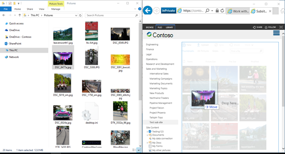 Знімок екрана: вікна SharePoint і Windows Internet Explorer розташовано поруч за допомогою клавіші Windows і клавіш зі стрілками.