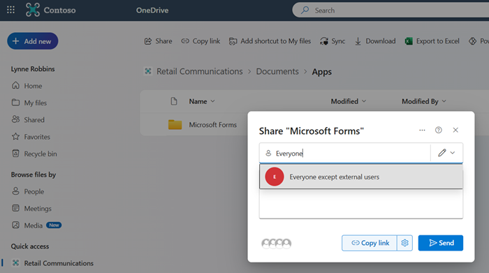 Знімок екрана: надання спільного доступу до папки Microsoft Forms групі 