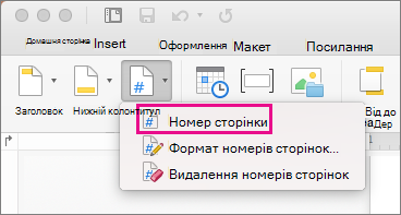 На вкладці Колонтитули & клацніть Номер сторінки в меню Номер сторінки, щоб додати номер сторінки.