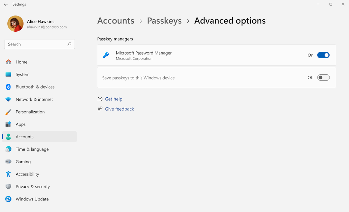 Screenshot showing the advanced options for the passkeys.