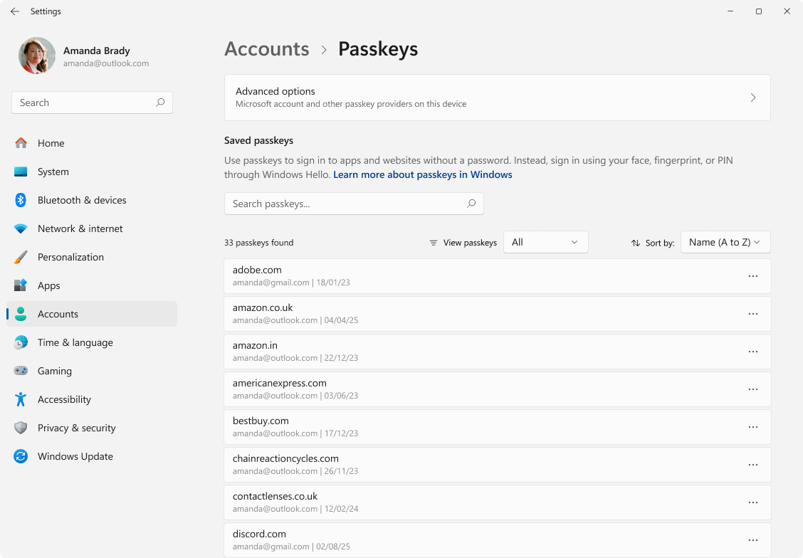 Screenshot showing the settings page for the Passkey in Windows.