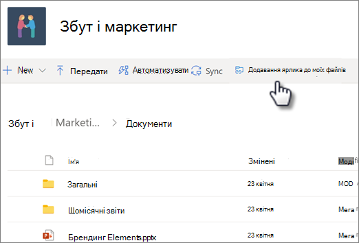 Знімок екрана: додавання ярлика до oneDrive зі спільної бібліотеки