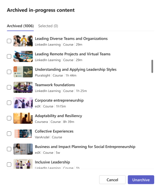 A screenshot of a window that lists all of the in-progress courses youve archived with the option to unarchive individual courses.