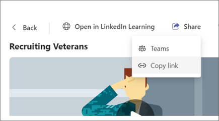 Screenshot of Viva Learning highlighting the Copy Link button in the Share options.