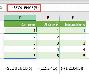 Створення вертикальної константи-масиву за допомогою функції =SEQUENCE(5) або ={1;2;3;4;5}