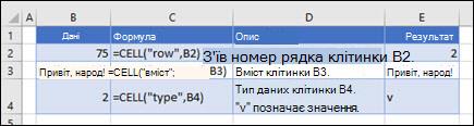 Приклади використання функції CELL