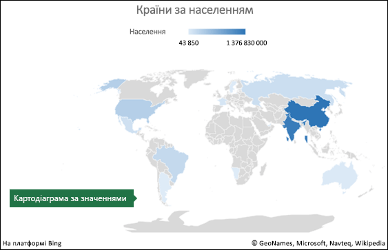 Картодіаграма Excel із даними про значення