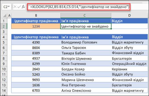 Приклад функції XLOOKUP, яка використовується для повернення імені працівника та відділу на основі ідентифікатора працівника з аргументом if_not_found. Формула =XLOOKUP(B2;B5:B14;C5:D14;0;1;Працівника не знайдено)