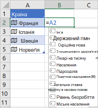 Клітинка A2 містить Значення Франції; Клітинка B2 містить формулу =A2. і з'явиться меню автозаповнення формул із полями зі зв'язаного запису