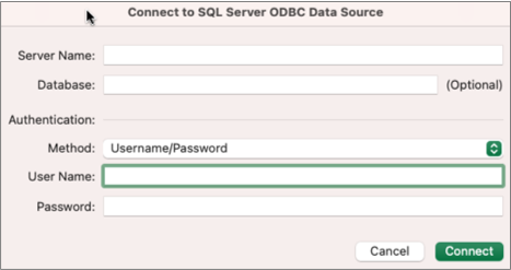 Діалогове вікно SQL Server для введення сервера, бази даних і облікових даних