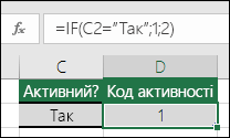 Клітинка D2 містить формулу =IF(C2=Так;1;2)