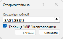 Вікно "Створення таблиці"
