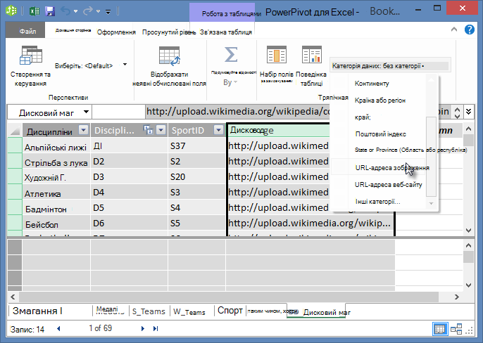 Вибір категорії даних у надбудові Power Pivot