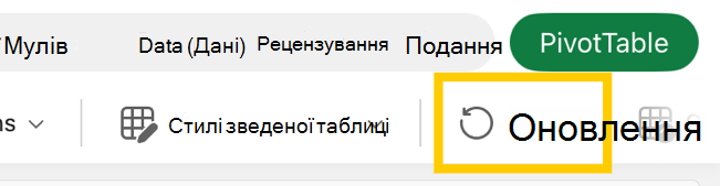 Кнопка оновлення зведеної таблиці на стрічці на пристрої iPad.