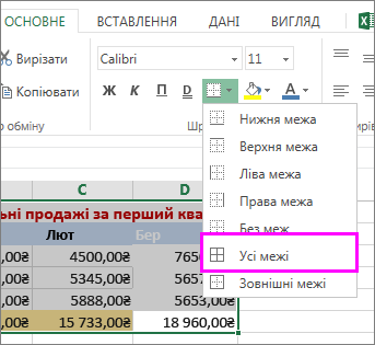 Додавання межі до таблиці або діапазону даних
