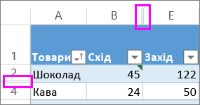 Подвійні лінії між рядками та стовпцями, що вказують на приховані рядки або стовпці