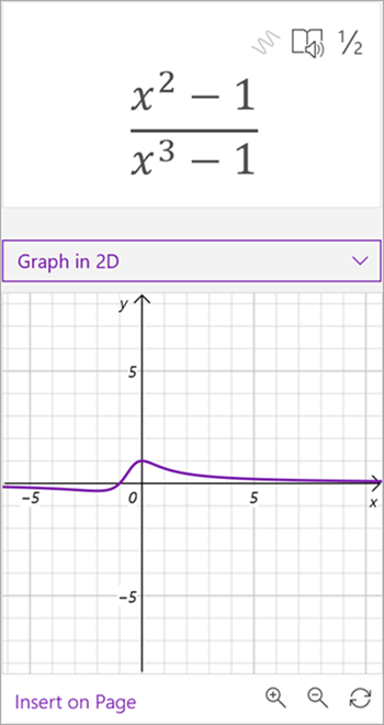 Screenshot of math assistant generated graph for the equation x squared - 1 over x to the third minus 1