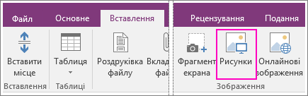 Знімок екрана: кнопка для вставлення зображень у програмі OneNote 2016.