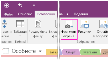 Знімок екрана: кнопка вставлення фрагмента екрана в програмі OneNote 2016