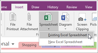 Знімок екрана: кнопка вставлення електронної таблиці в програмі OneNote 2016