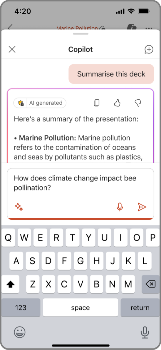 Скріншот програми Copilot у PowerPoint на пристрої iOS з підказкою у вікні створення