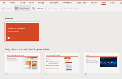 Подання сортувальника слайдів у вебпрограма PowerPoint.