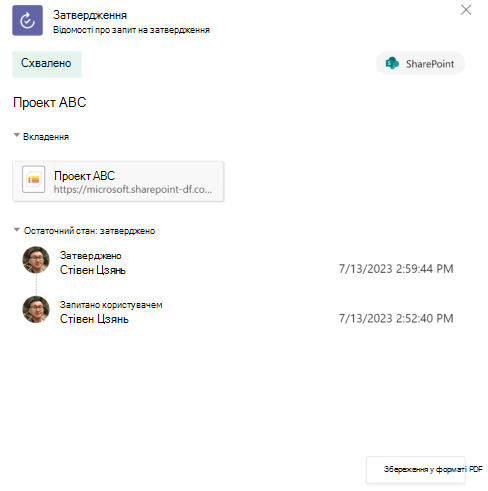 Знімок екрана: журнал затвердження елементів списку в програмі.