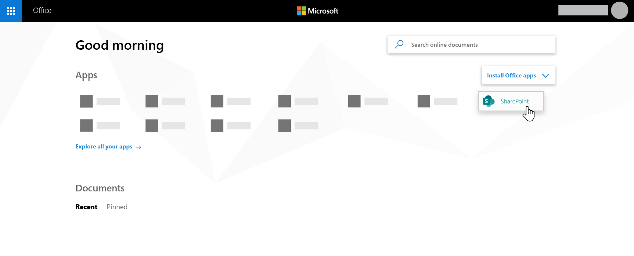 Домашня сторінка Microsoft 365 із виділеною програмою SharePoint