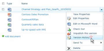 Розкривний список для файлу SharePoint. Вибрано журнал версій.