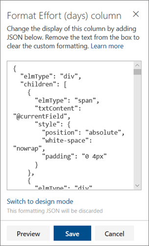 Область розширеного режиму JSON для форматування стовпців SharePoint