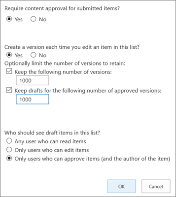Параметри списку в SharePoint Online із активованим керування версіями