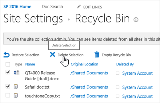 Сторінка кошика SharePoint 2016 із виділеною кнопкою 