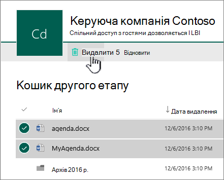 Кошик другого рівня SharePoint Online із виділеною кнопкою видалення