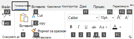 Підказки клавіш, що відображаються на стрічці програми Visio у Windows.