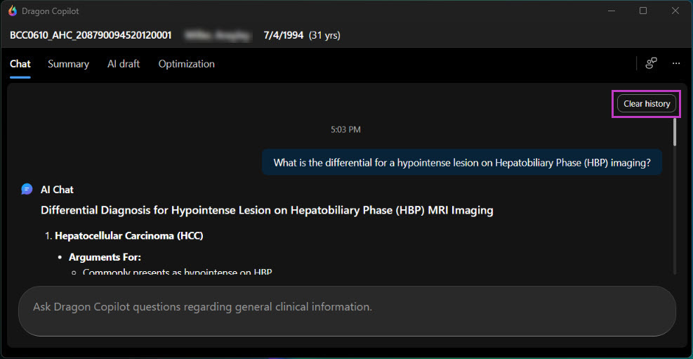 Screenshot shows Chat feature in Dragon Copilot with clear history button highlighted.