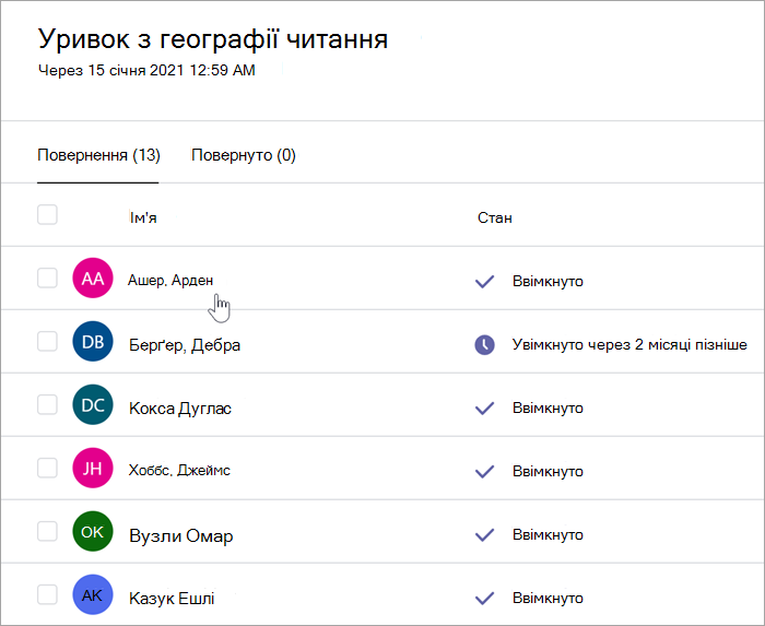 Знімок екрана області оцінювання вчителя говорить: Уривок для читання з географії., до 15 січня 2021 р. 12:59, є дві вкладки: повернення (13) і повернення (0). Вибрано подання вкладки 
