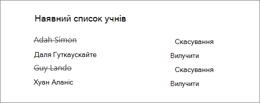 Видалені імена учнів перекреслюються зі списку Наявні учні з параметрами Скасувати та Видалити поруч з усіма іменами.