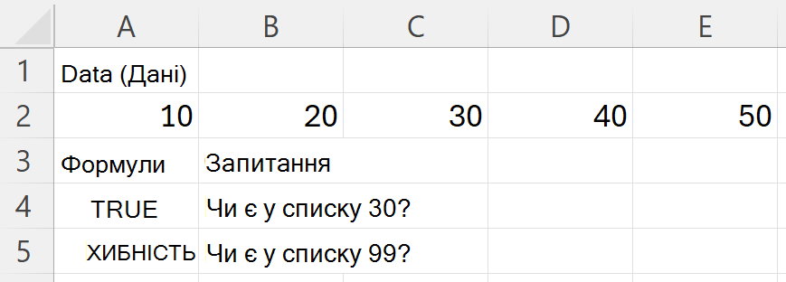 Функція HAS повертає значення TRUE для 30 і FALSE для числа 99 під час пошуку в діапазоні, який містить 10, 20, 30, 40 і 50