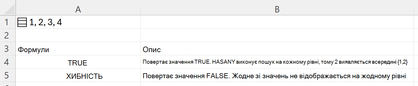 Використання HASANY для пошуку у вкладеному масиві, що зберігається в одній клітинці