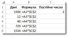Числа у стовпці A, формула у стовпці B зі знаками $ і число 3 у стовпці C