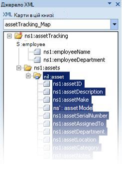 Excel XML Source pane with the ns1:asset node selected