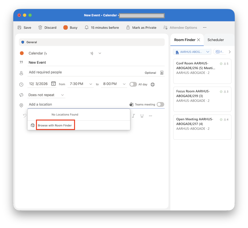 Пошук приміщень в Outlook для Mac